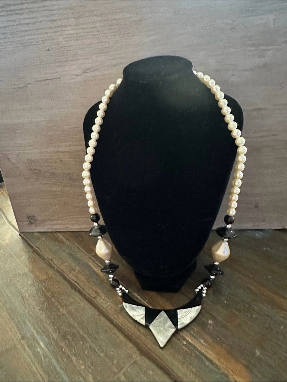 Black White Mother of Pearl Statement Necklace Artisan Beaded Necklace